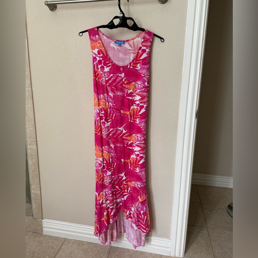 Blue Ginger pink/orange/white, scoop neck maxi with waist tie, asymmetri…